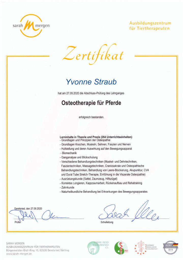 Zertifikat Pferdeosteopathie Yvonne Straub